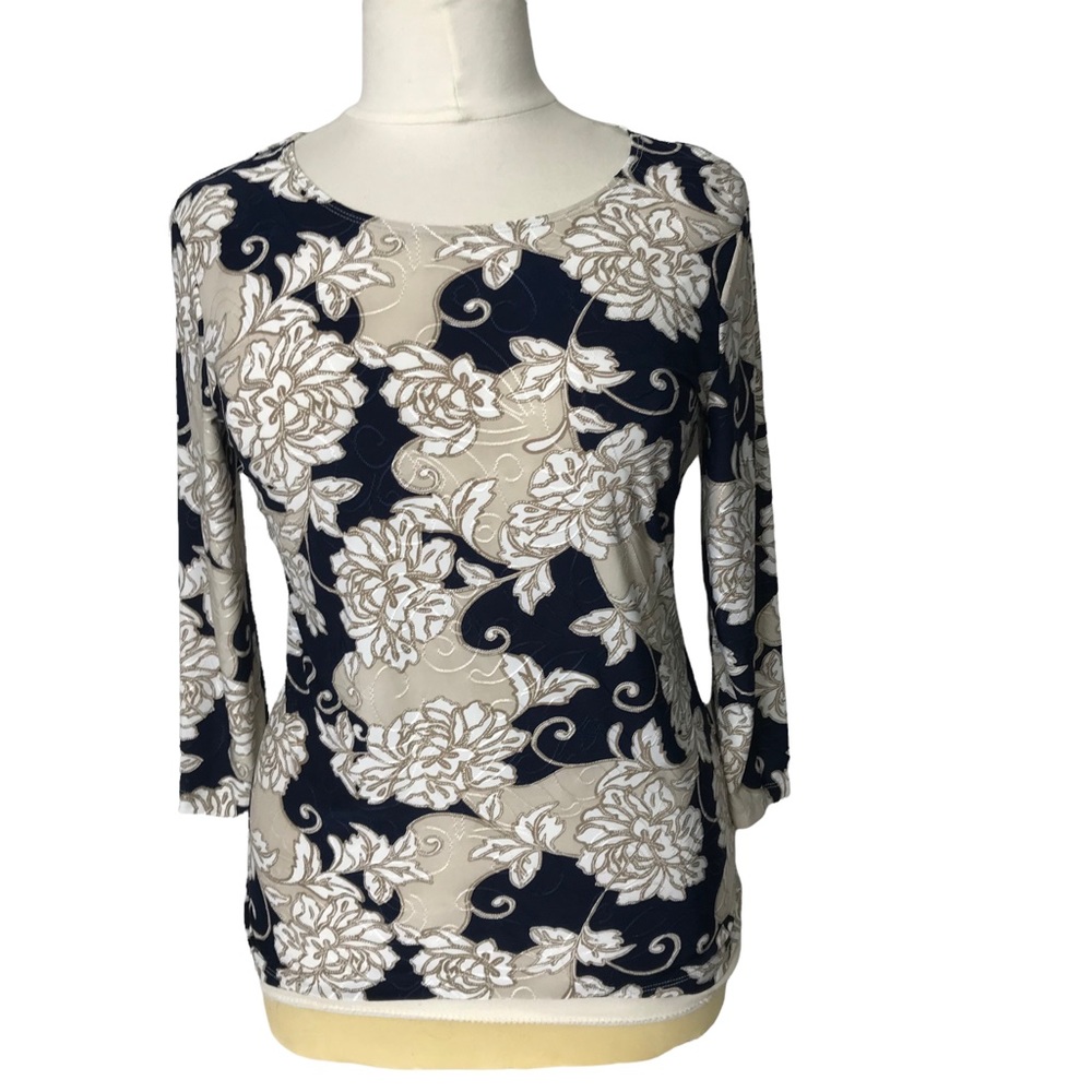 JM Collections Navy Blue Flowered Tunic Top SzM